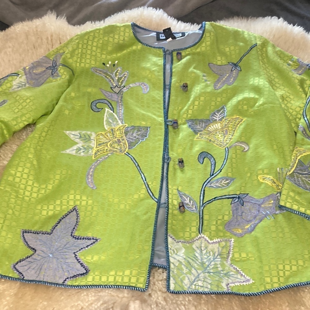 Green and blue Blazer with Floral Appliqué